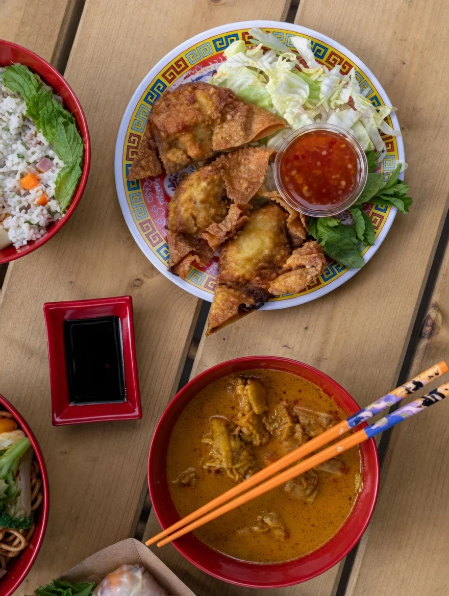 Plateau composé de wontons frits, bouillon de curry et bols de riz