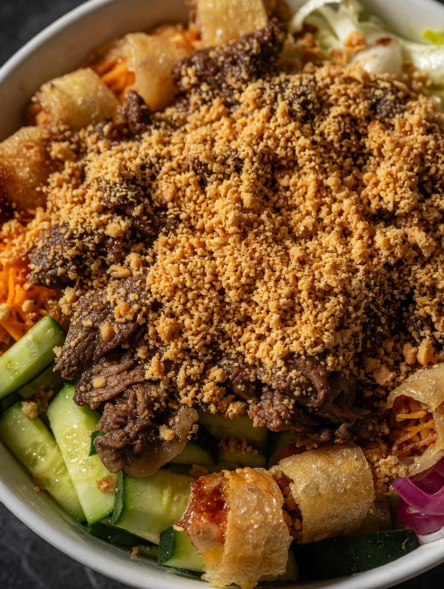 Bol de bo bun généreux : bœuf, vermicelles, nems coupés, concombres et cacahuètes