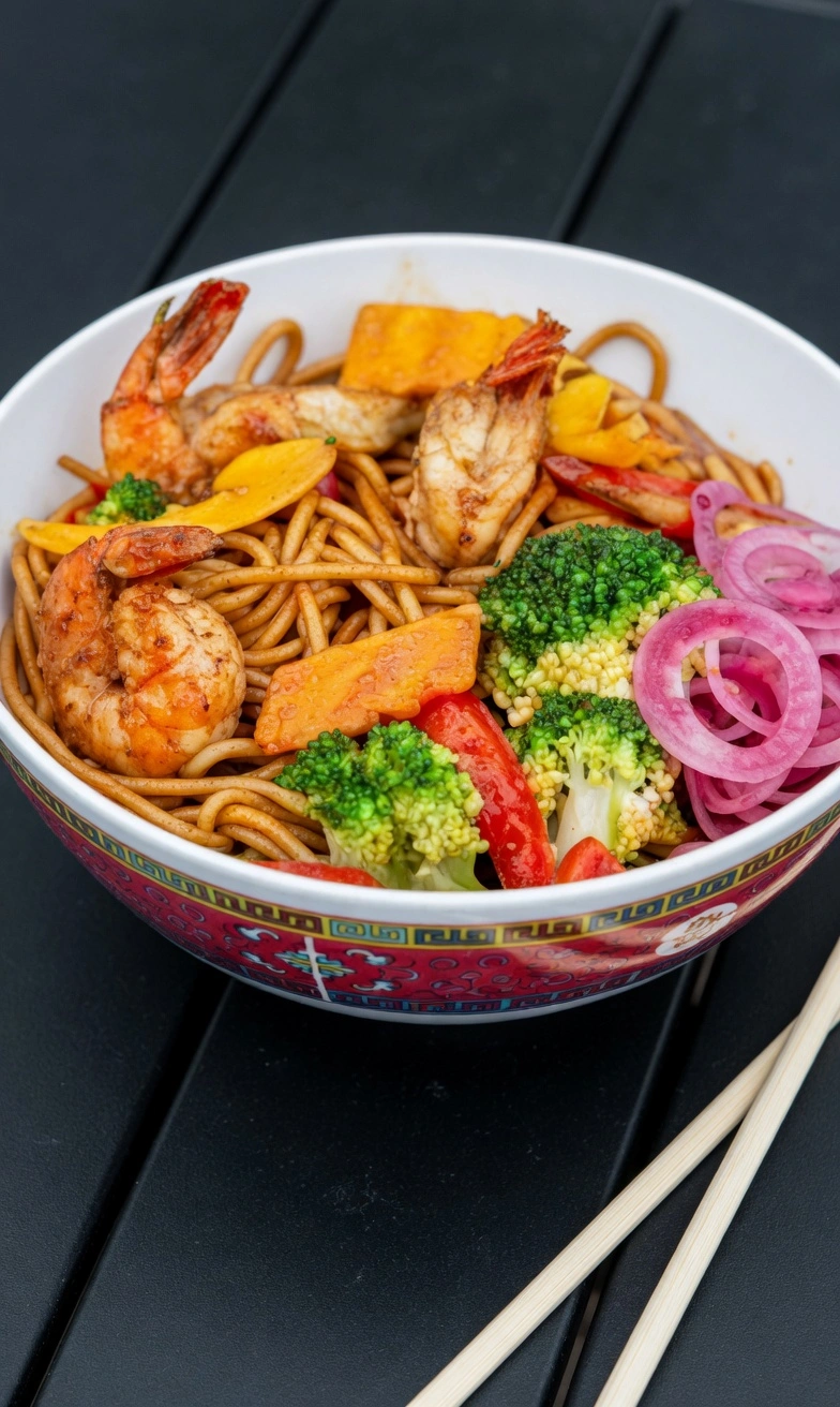 Bol de vermicelles sautées aux crevettes, brocolis, oignons rouges marinés